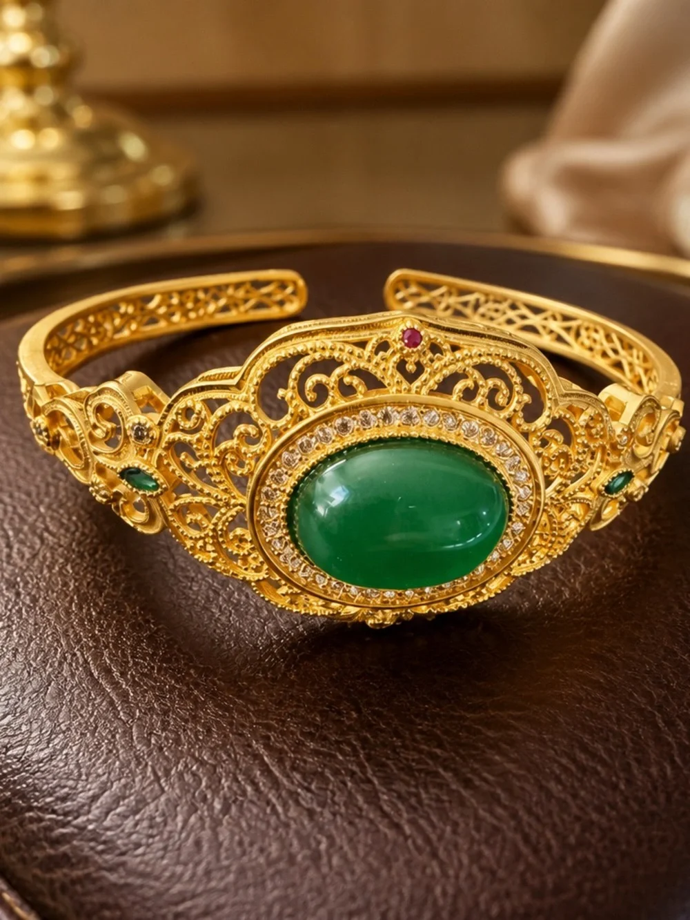 Silver S925 Luxury Gold Filigree Bracelet with Jade  Egg Noodle Bracelet